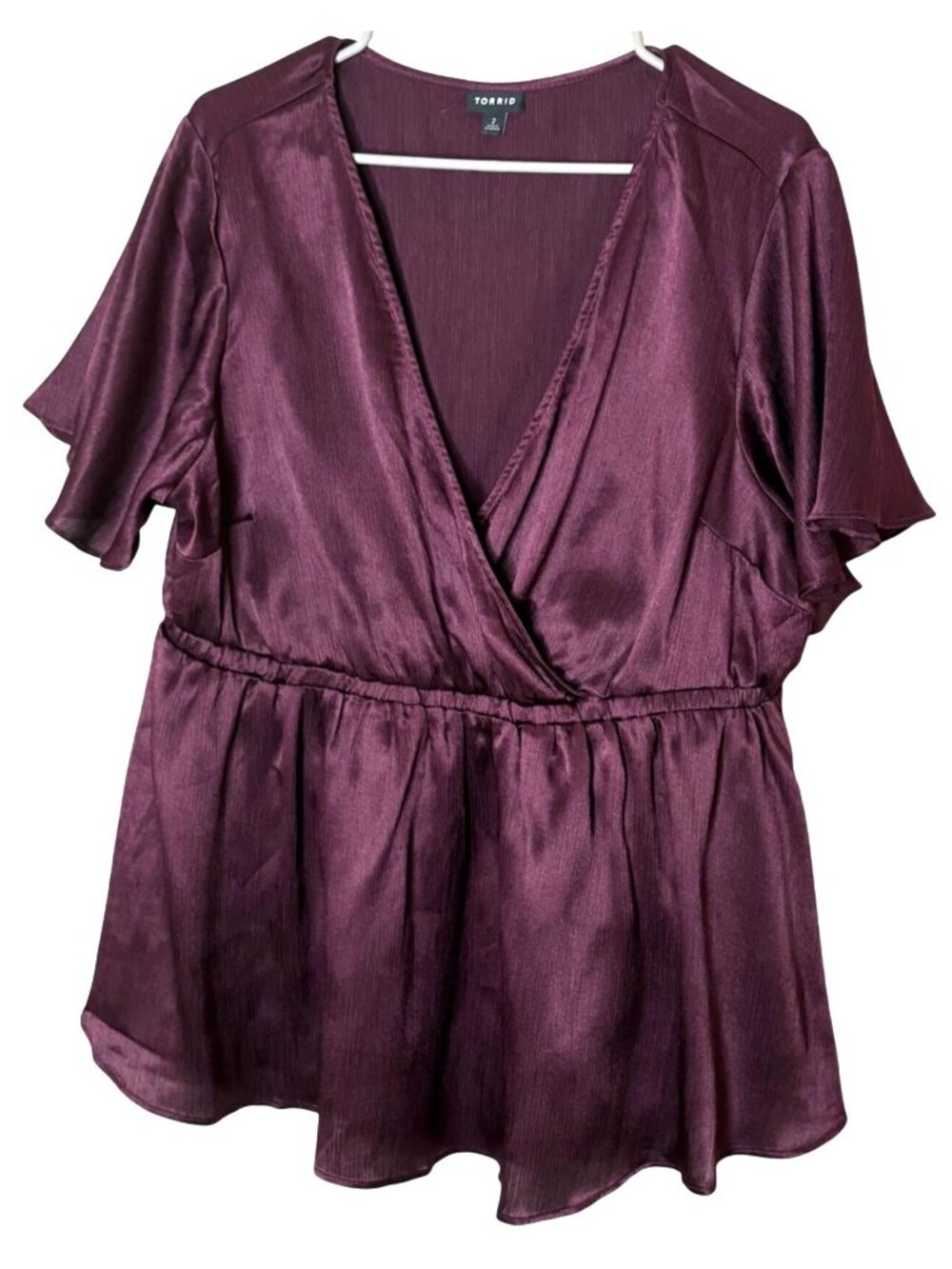 Torrid Women's Plus Size 2X Plum Satin Wrap Blouse Flutter Sleeve Peplum Top